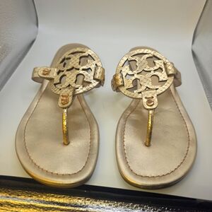 Tory Burch Miller Gold Snake Embossed Leather Sandals 8M Womens Classic